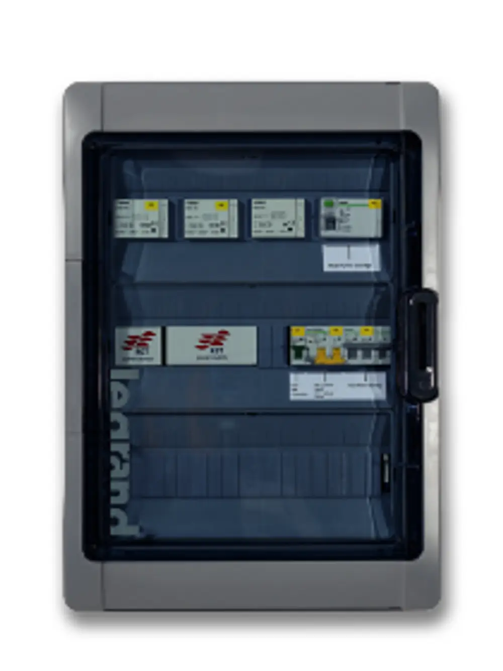 RCT Power Schaltkasten mit mehreren Schaltern für die Steuerung elektrischer Geräte, montiert in einem klaren Kunststoffgehäuse.