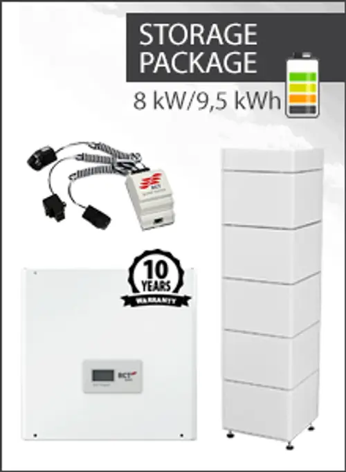 Speicherpaket von RCT Power mit einem Wechselrichter und einer Batterieeinheit, bestehend aus mehreren Modulen und Zubehör, dargestellt auf hellem Hintergrund.