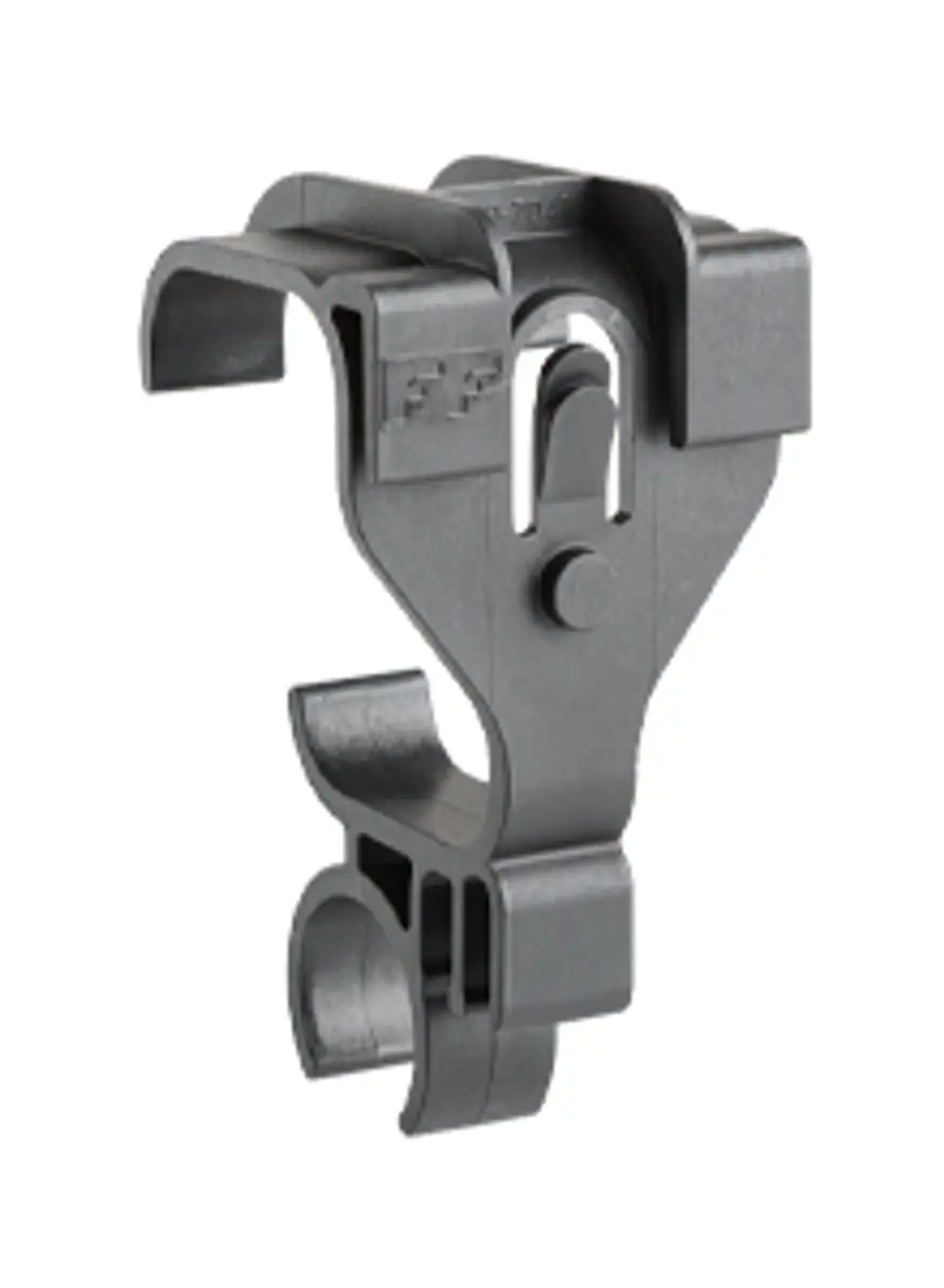 Kabelclip von Esdec, gefertigt aus schwarzem Kunststoff, mit Halterung und Öffnungen zur Kabelorganisation. ESD-fähig, ideal für strukturierte Installationen.
