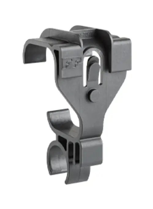 Kabelclip von Esdec, gefertigt aus schwarzem Kunststoff, mit Halterung und Öffnungen zur Kabelorganisation. ESD-fähig, ideal für strukturierte Installationen.