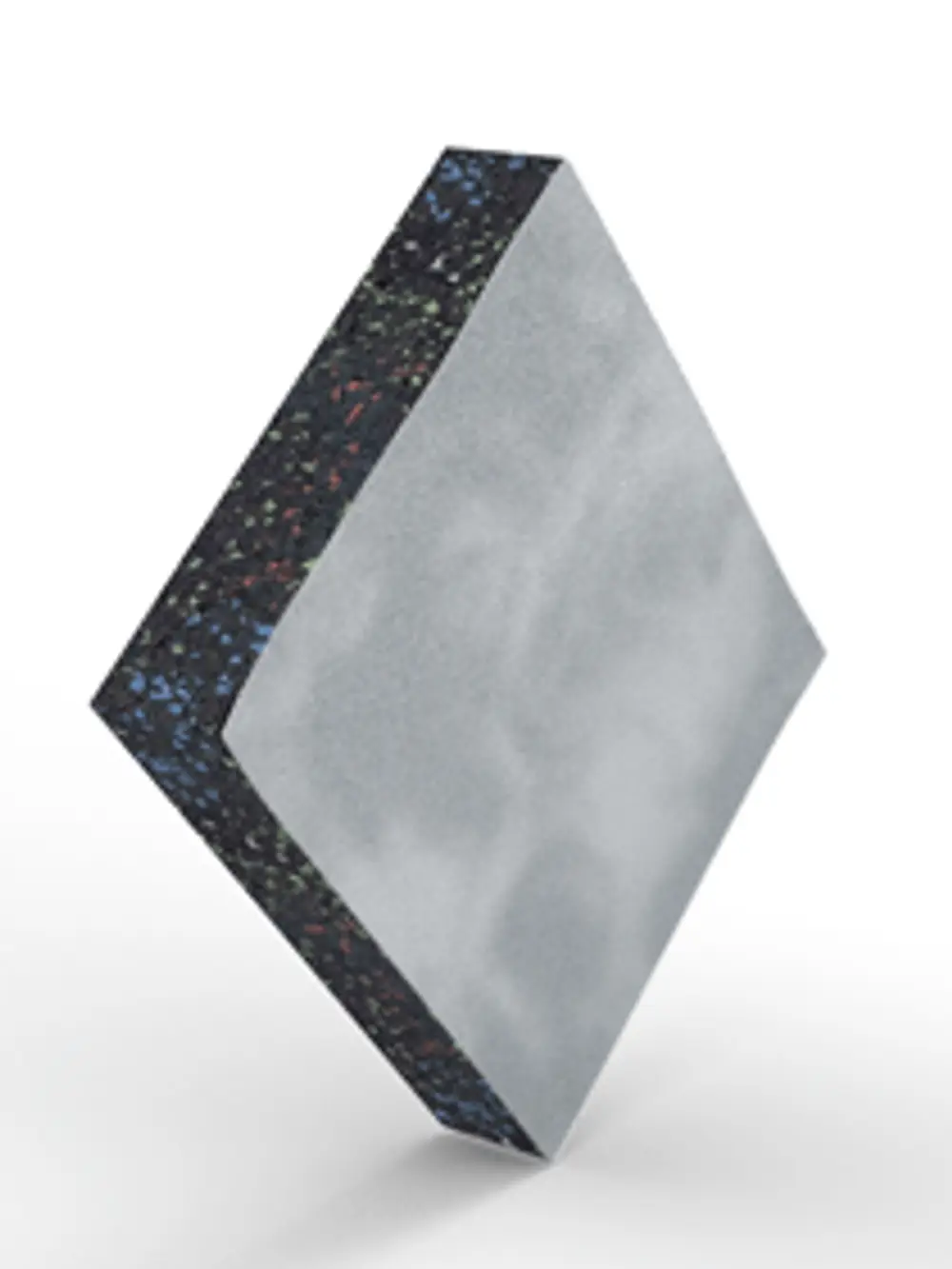 Aluplatte in diamantförmiger Darstellung, mit einer grauen Beschichtung und einer Unterseite aus starkem, recyceltem Material, gefertigt von Renusol.
