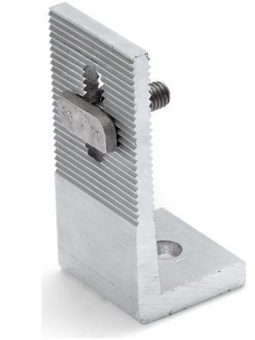 Aluminiumbasis mit Rillenstruktur und Montageloch. Enthält eine integrierte Klemmvorrichtung. Typisches Produkt von Renusol für Montagesysteme.