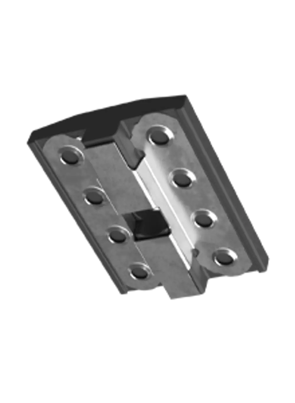 Esdec Universal-Mittelklemme in schwarz, geeignet für Potenzialausgleich, zeigt eine metallene Oberfläche mit mehreren Befestigungslöchern und einer zentralen Klappmechanik.