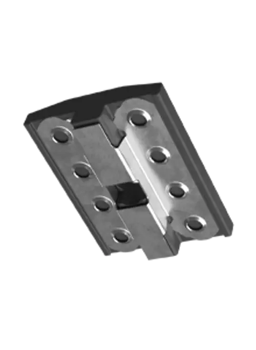 Esdec Universal-Mittelklemme in schwarz, geeignet für Potenzialausgleich, zeigt eine metallene Oberfläche mit mehreren Befestigungslöchern und einer zentralen Klappmechanik.