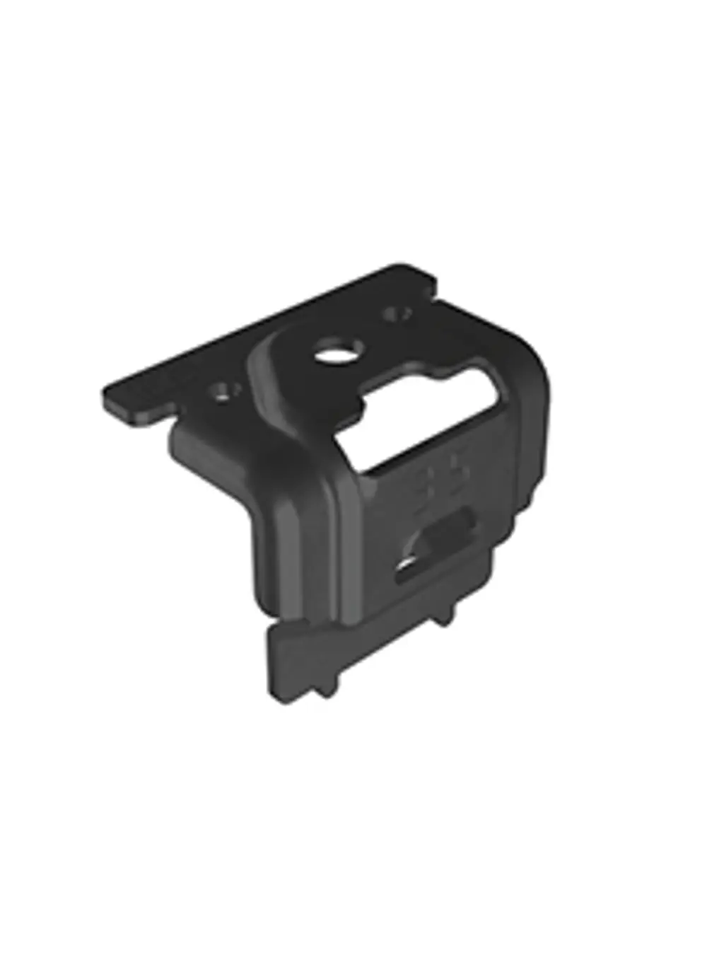 Schwarze Halterung von Esdec, geeignet für die Montage, mit mehreren Aussparungen und einer rechteckigen Form. ESD-geeignet und robust für technische Anwendungen.