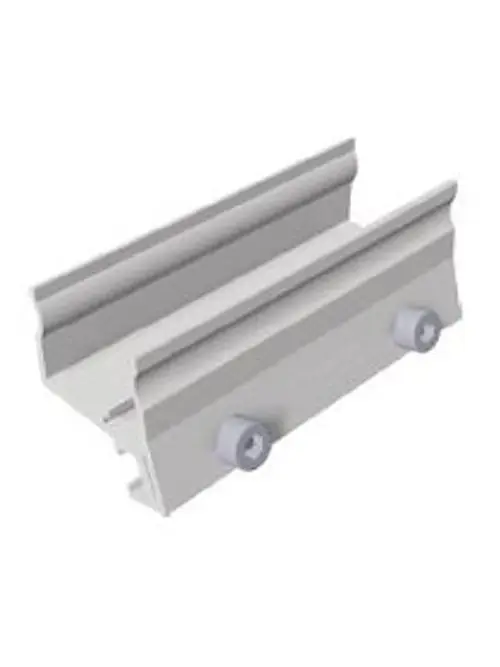 Verbinder aus Aluminium mit zwei seitlichen Schrauben, geeignet für die Montage im Zusammenhang mit Schletter-Systemen.