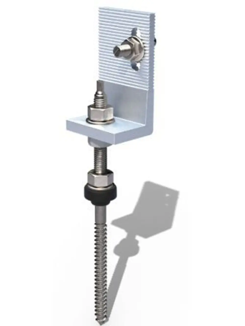 Stockschraube mit Winkel, aus Metall, montiert mit einer Mutter und Gummiunterlage. Produkt von Renusol, geeignet zur stabilen Befestigung in verschiedenen Anwendungen.