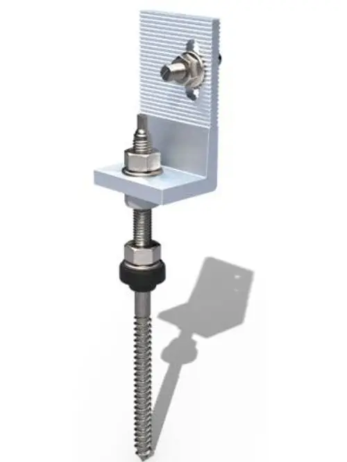 Stockschraube mit Winkel, aus Metall, montiert mit einer Mutter und Gummiunterlage. Produkt von Renusol, geeignet zur stabilen Befestigung in verschiedenen Anwendungen.