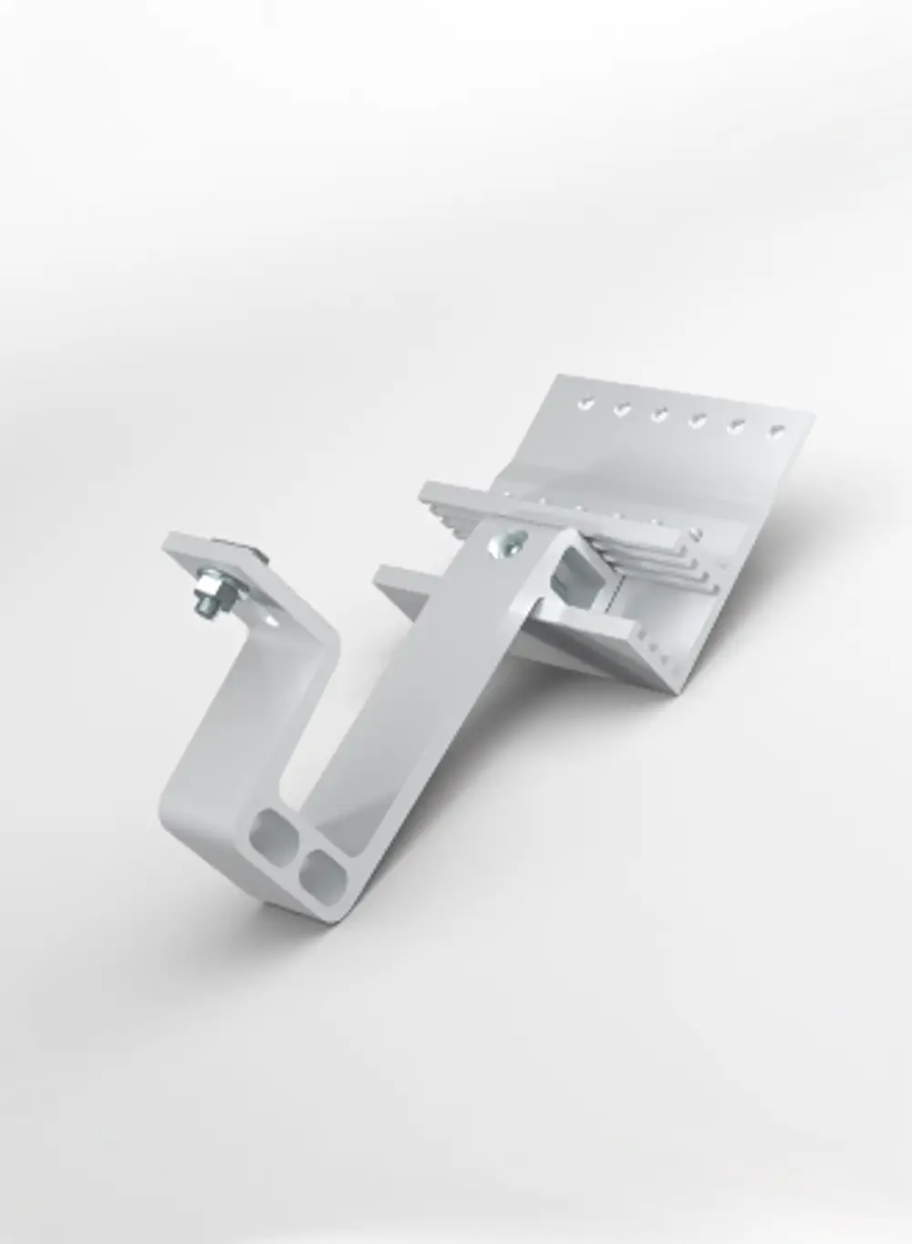 Dachhaken in weißer Ausführung, gefertigt aus Metall, mit Halterungen zur Montage. Produkt von Renusol für die Installation von Solarmodulen.