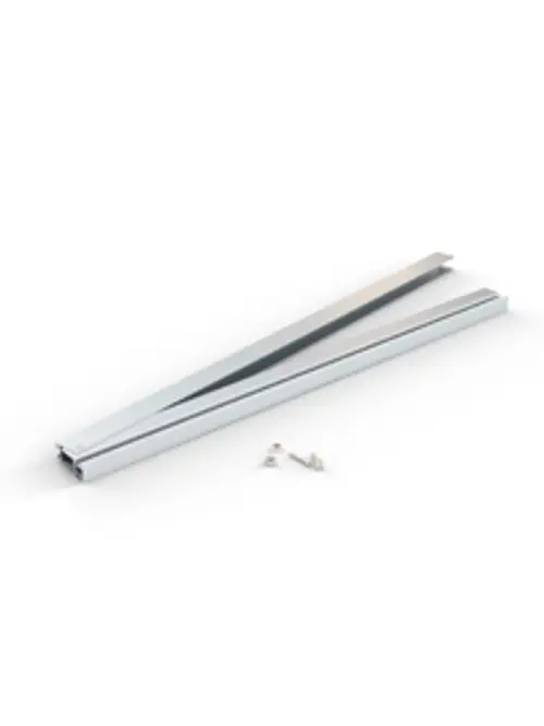 Aluminiumprofil von Renusol mit zwei geraden Schenkeln und Schrauben. Geeignet für die Installation oder Verbindung von anderen Komponenten.