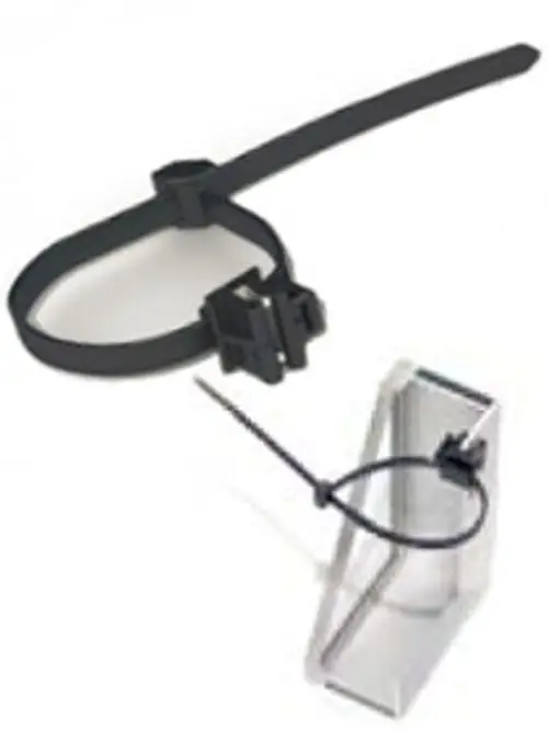 Kabelclips in einem transparenten Behälter, zusammen mit einem Kabelbinder. Hinweis auf die Marke Renusol ist erkennbar.