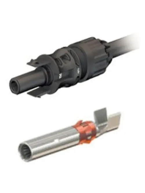 Steckverbinder von Staubli, bestehend aus einer Buchse und einem Metallstift, geeignet für Kabelanschlüsse, mit robustem Gehäuse und Sicherungsmechanismus.