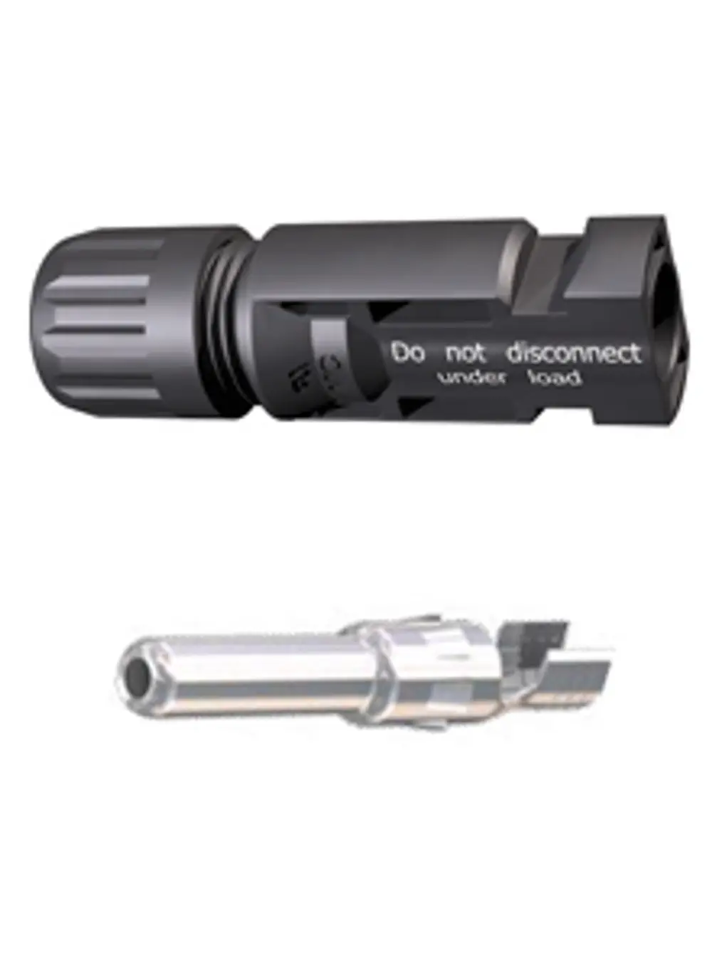 MC4-Stecker von Staubli mit verschraubbaren Verbindungselementen, gekennzeichnet mit "Do not disconnect under load". Anwendungsbereich in elektrischen Verbindungen.