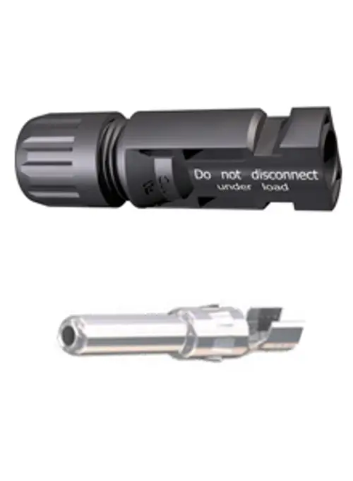 MC4-Stecker von Staubli mit verschraubbaren Verbindungselementen, gekennzeichnet mit "Do not disconnect under load". Anwendungsbereich in elektrischen Verbindungen.