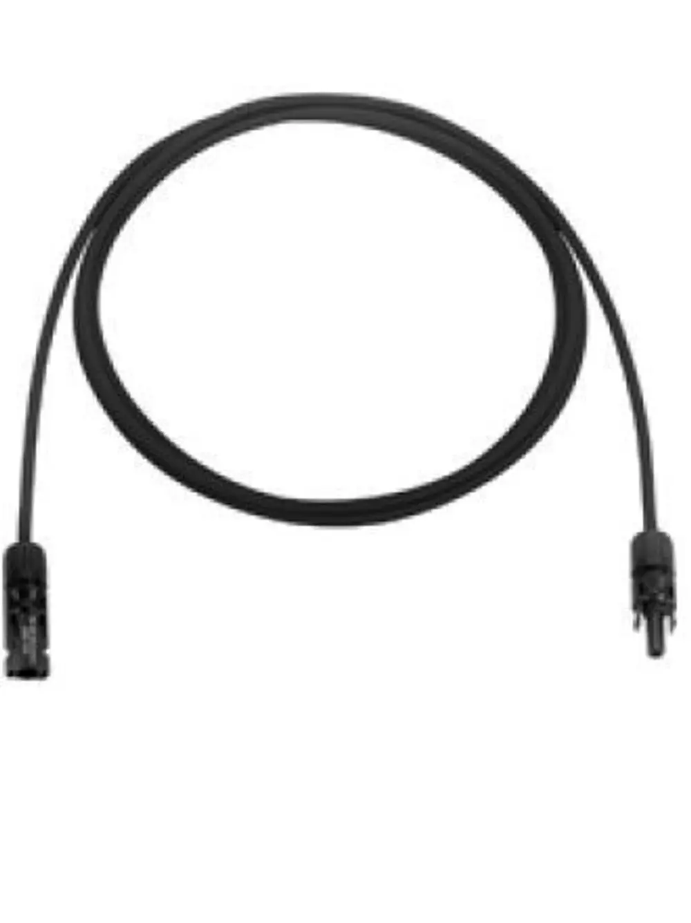 Schwarzes Kabel mit MC4-Steckern an beiden Enden, geeignet für Solaranwendungen. Hersteller: Staubli.