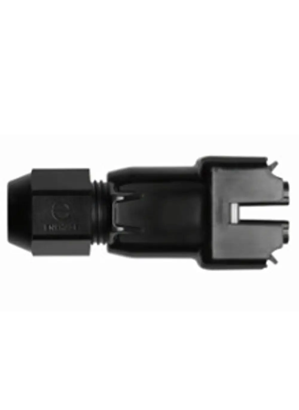 Stecker für AC-Kabel in schwarz mit einem Schraubgewinde und zwei seitlichen Führungsschlitzen, hergestellt von Enphase.