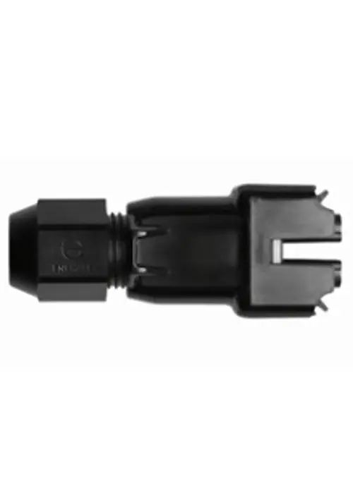 Stecker für AC-Kabel in schwarz mit einem Schraubgewinde und zwei seitlichen Führungsschlitzen, hergestellt von Enphase.