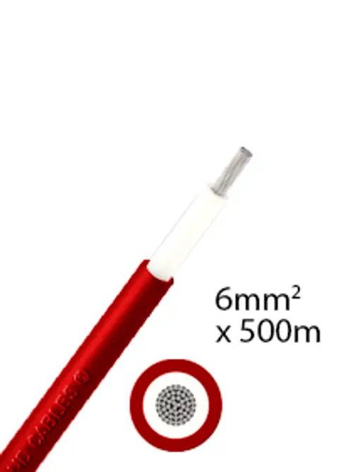 Rotes Solarkabel mit isolierter Ummantelung und einem Drahtquerschnitt, hergestellt von Athilex. Die abgebildete Länge beträgt 500 Meter.