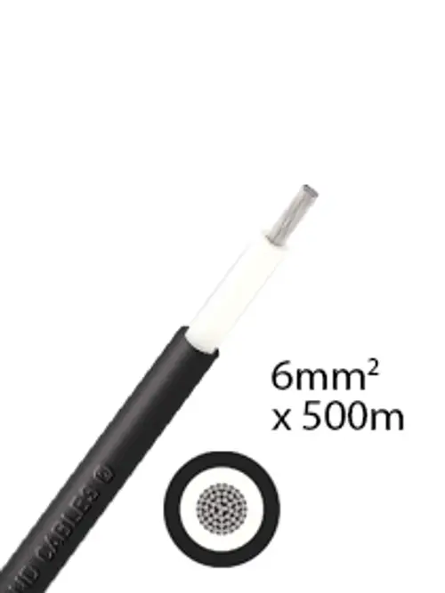 Schwarzes Solarkabel mit einem isolierten Kupferleiter, abgebildet auf weißem Hintergrund, Hersteller Athilex.