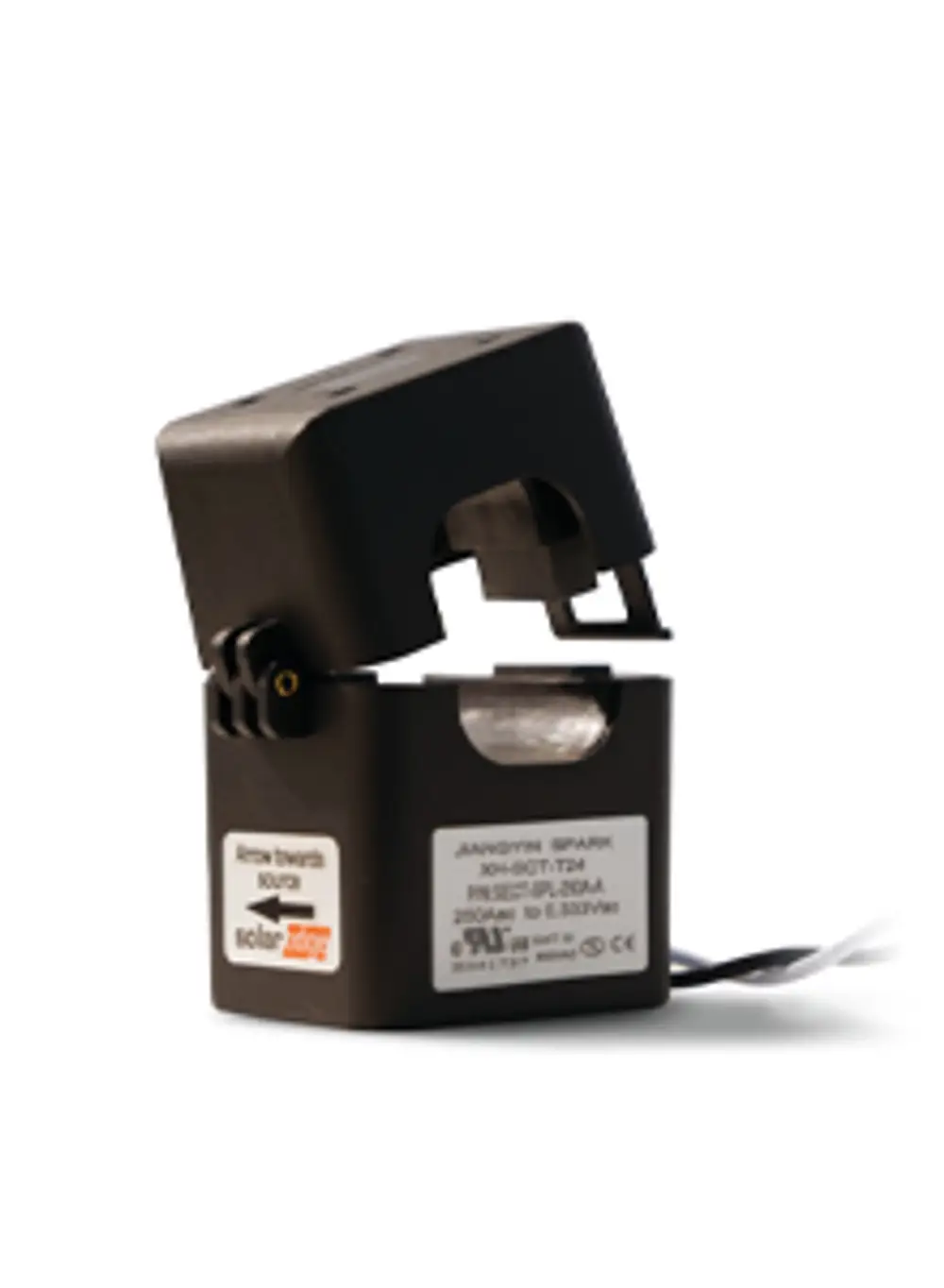 Stromsensor von SolarEdge in kompaktem Design. Die Verbindungsklemmen sind sichtbar, mit einem Herstelleretikett an der Seite.