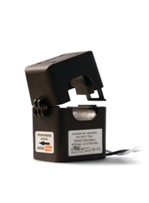Stromsensor von SolarEdge in kompaktem Design. Die Verbindungsklemmen sind sichtbar, mit einem Herstelleretikett an der Seite.