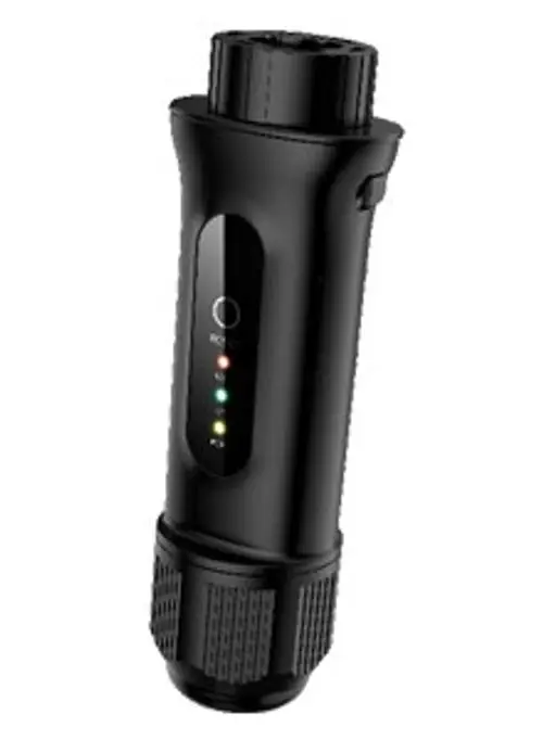 Schwarzer Datenlogger Stick von Solis mit Steuerungstasten, LED-Anzeigen und Anschlussmöglichkeiten, geeignet für WiFi- und LAN-Verbindungen.