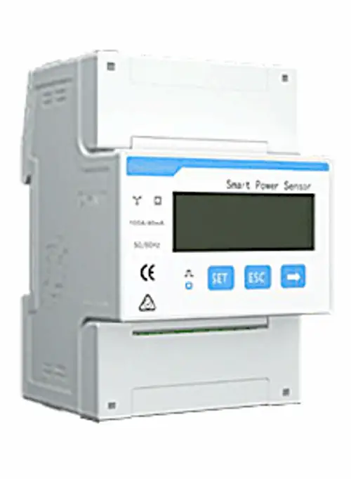 FoxESS Smart Meter mit digitalem Display und Tasten zur Einstellung. Kompaktes Gehäuse, geeignet zur Messung des Stromverbrauchs in dreiphasigen Systemen.