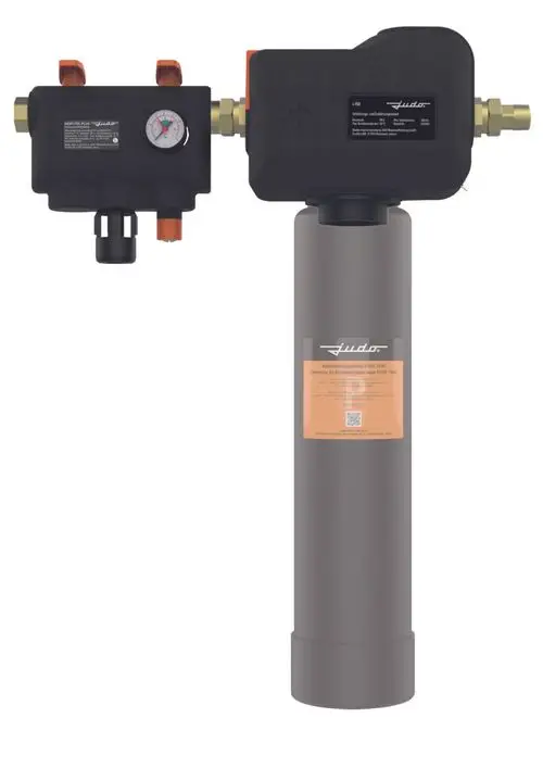 Wasserfilter von Judo mit Druckmesser und Entwässerungsventil, zylindrischer Filterzylinder in grauer Farbe, montierbar für die Wasseraufbereitung.