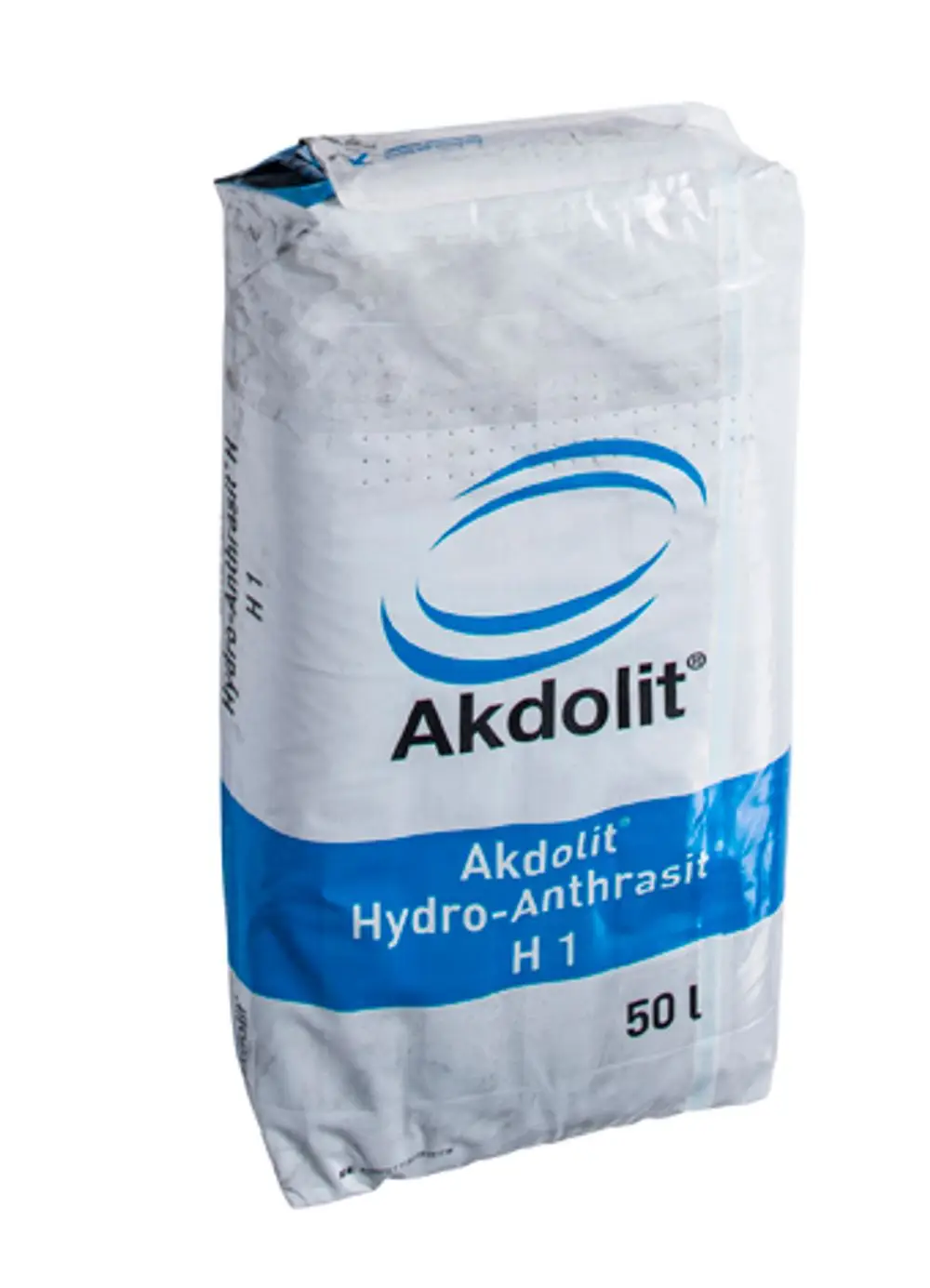 Sack mit Filtermaterial von Grünbeck, beschriftet mit "Hydro-Anthrasit", in weißer und blauer Verpackung, Inhalt 50 Liter.