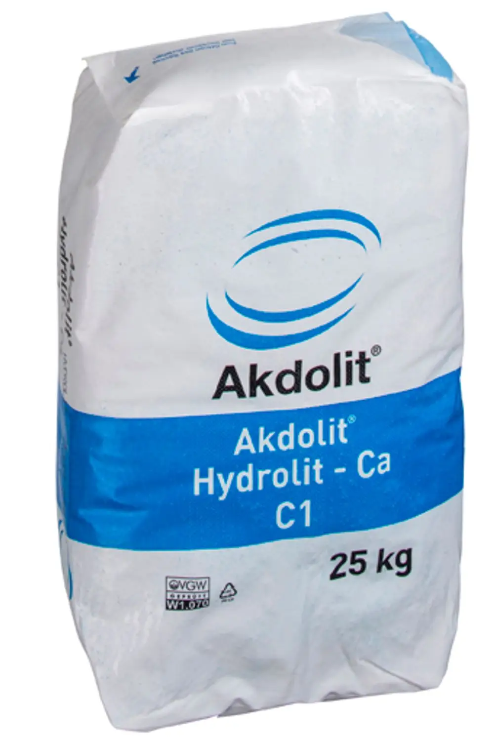 Weißer Sack mit blauer Kennzeichnung, beschriftet mit "Akdolit Hydroli-Ca", 25 kg. Produkt von Grünbeck, geeignet als Filtermaterial.