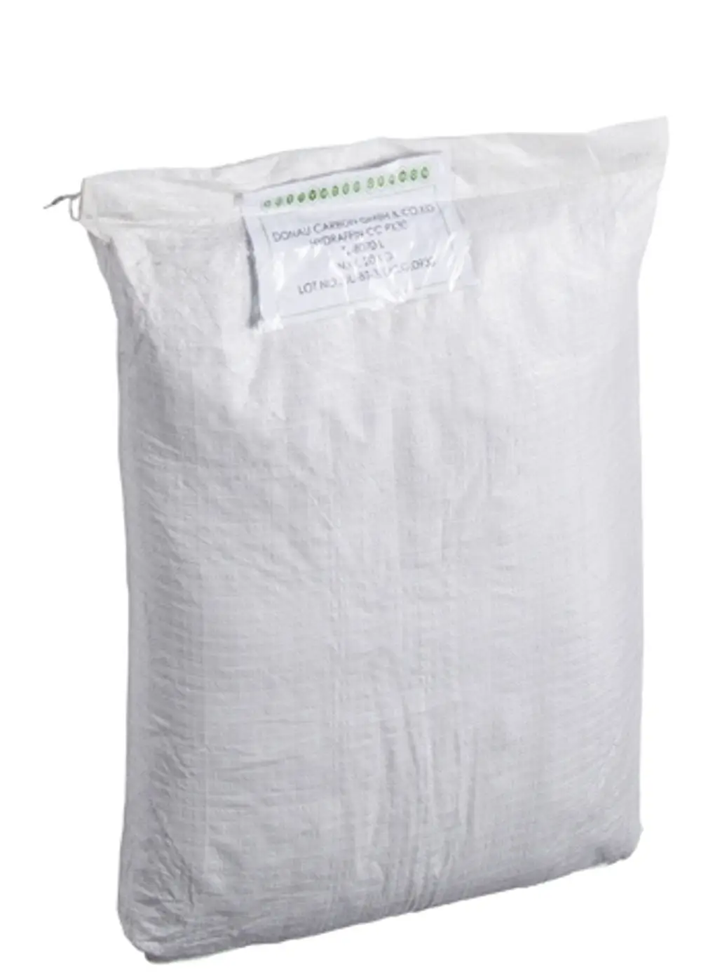 Weißer Sack mit Aktivkohle, beschriftet mit "Grünbeck", die Füllung ist sichtbar. Verpackungsgröße scheint 25 kg zu sein.