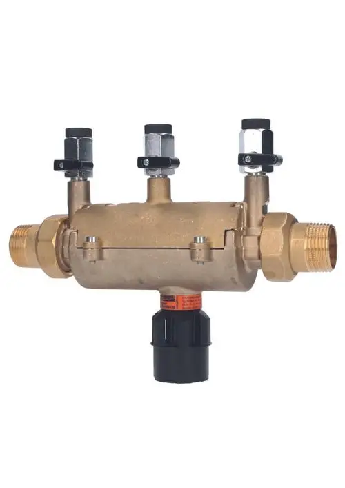 Brass valve with multiple ports and black knobs for control, designed for fluid regulation in plumbing systems.