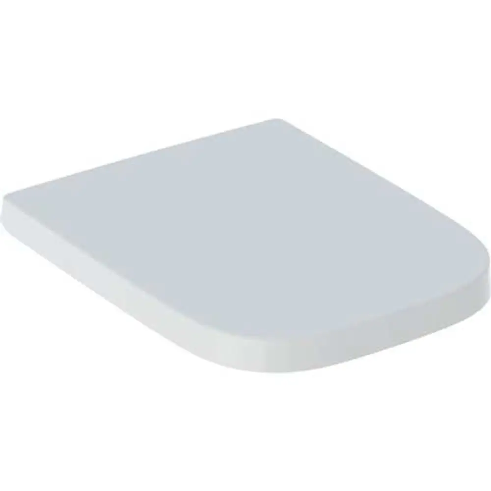 Weißer WC-Sitz mit eckigem Design, montiert von oben. Das Produkt ist von Geberit und zeigt eine glatte, konturierte Oberfläche.