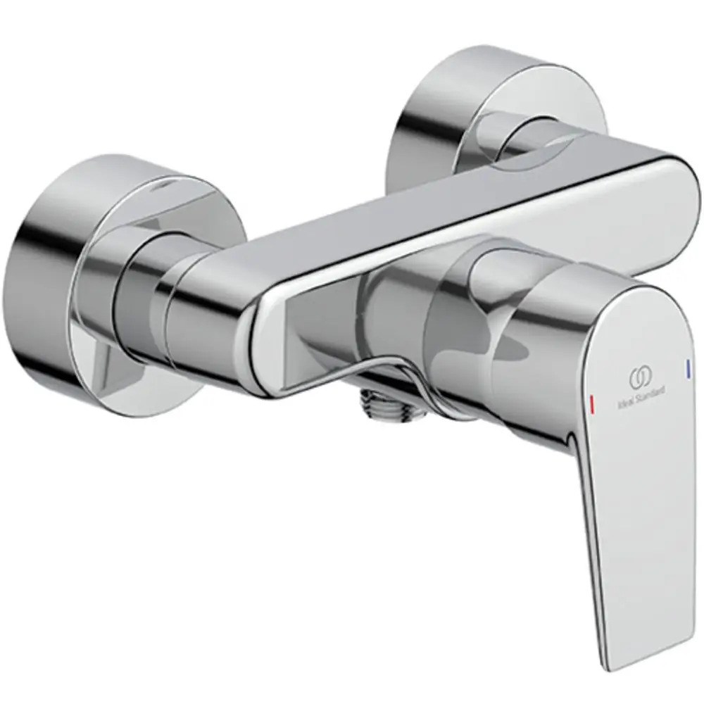 Wandmontierte Badezimmerarmatur aus Chrom mit einem Hebel und zwei runden Temperaturkontrollen. Produkt von Ideal Standard.