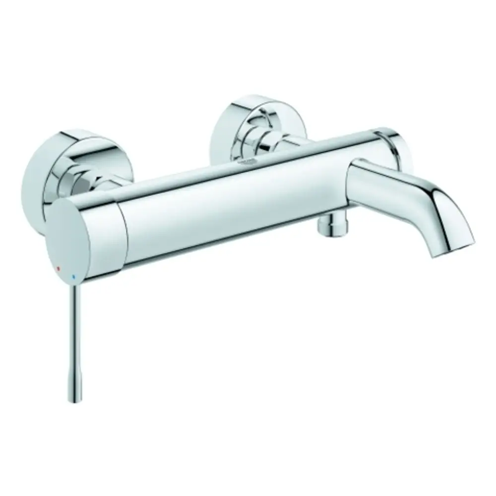 Wandmontierte Armatur in Chrom-Finish mit zwei Halterungen und einem Wasserhahn. Die Bedienung erfolgt über einen seitlichen Hebel. Hersteller: Grohe.