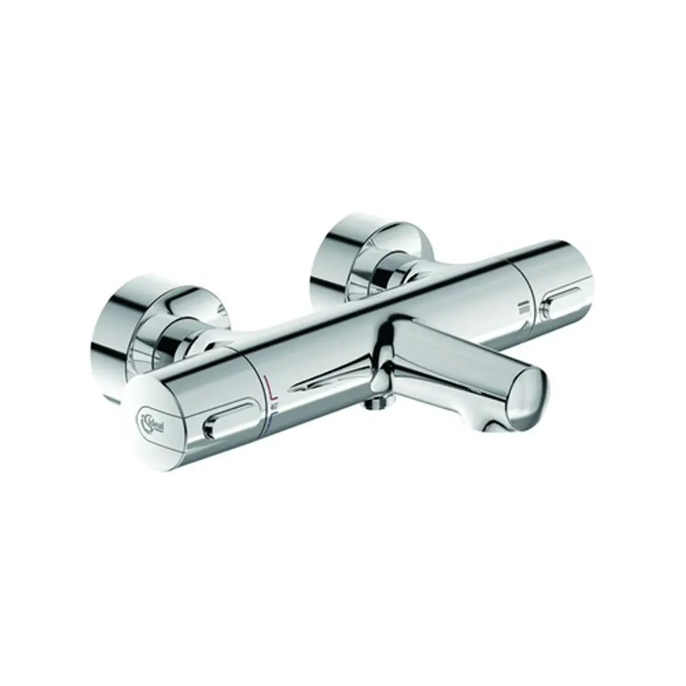 Thermostatarmatur von Ideal Standard in Chromausführung. Kompakte Form mit zwei runden Bedienelementen zur Temperaturregulierung und einem Auslauf.