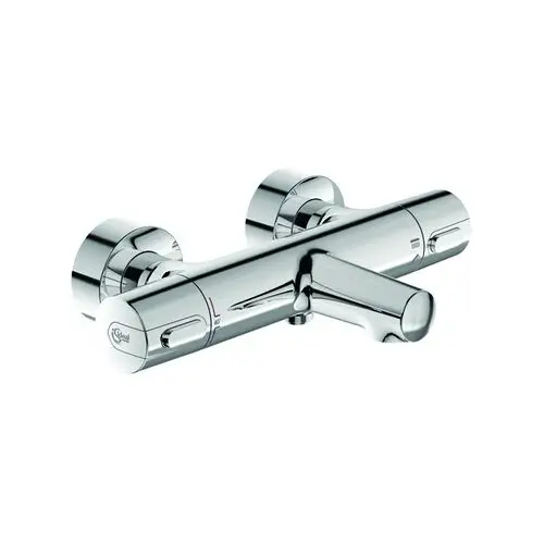 Thermostatarmatur von Ideal Standard in Chromausführung. Kompakte Form mit zwei runden Bedienelementen zur Temperaturregulierung und einem Auslauf.
