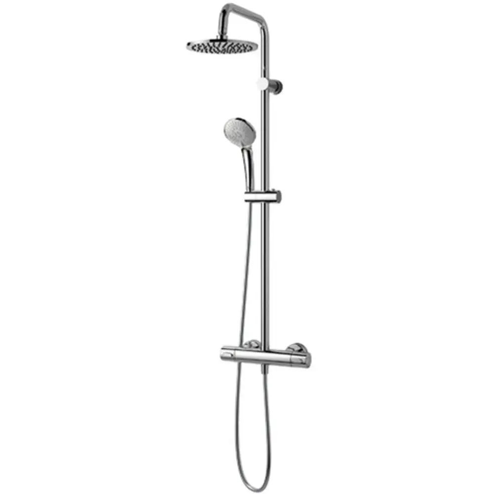 Duschsystem von Ideal Standard mit Kopfbrause und Handbrause, montiert an einer senkrechten Halterung. Enthält ein Thermostat zur Temperaturregelung.