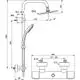 Duschsystem mit Thermostat von Ideal Standard, bestehend aus einer Kopfbrause, Handbrause und Mischarmatur, dargestellt in Zeichnung mit Maßangaben und Anschlussdetails.