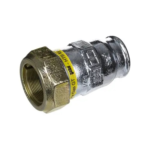 Gebo-Verschraubung aus Metall mit Außengewinde, zur Verbindung von Rohren, gekennzeichnet mit Informationen zur Gasverwendung, robustes Design.