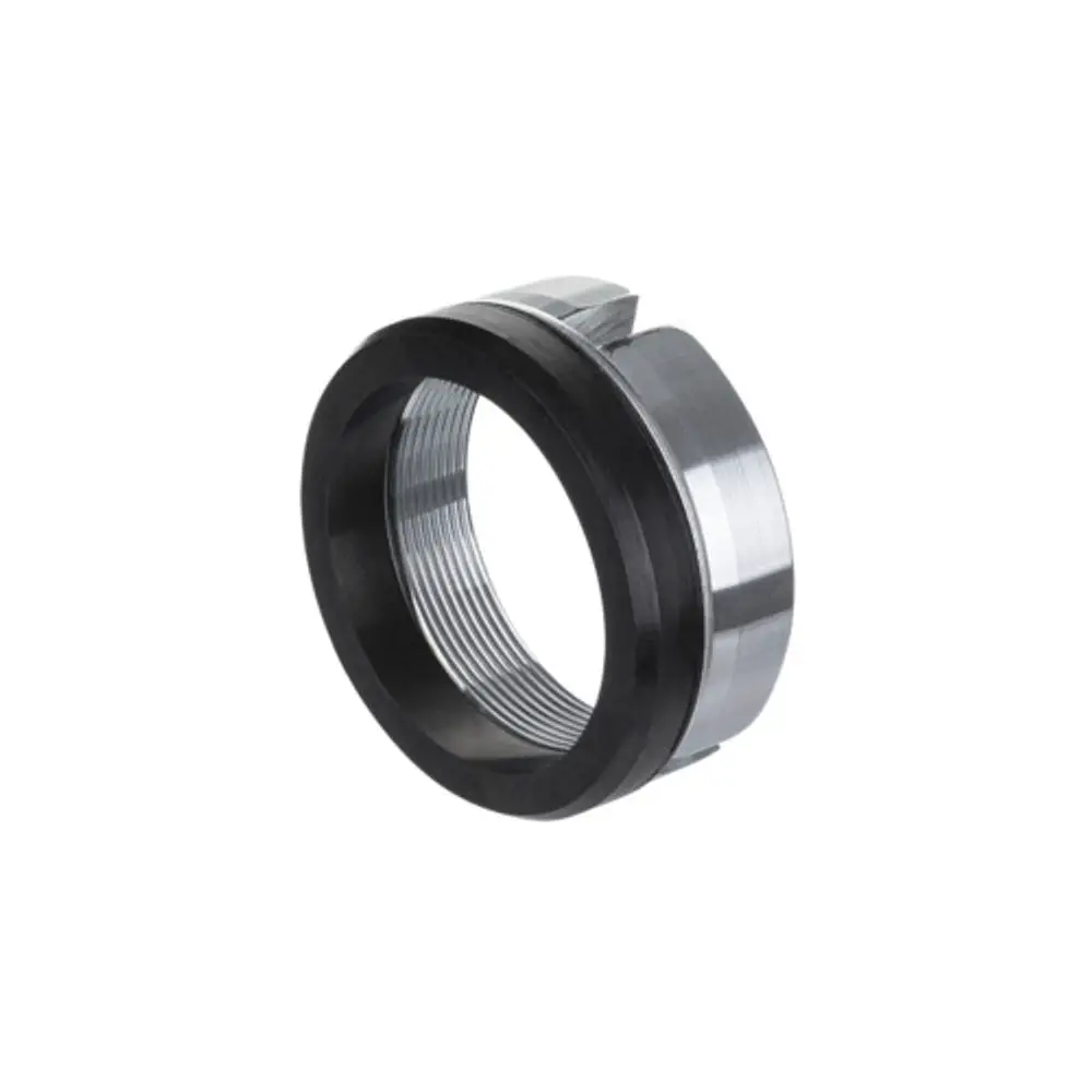 Gebo-Adapter aus Metall mit geriffeltem Innengewinde und schwarzer Kunststoffblende, geeignet für Rohrverbindungen.