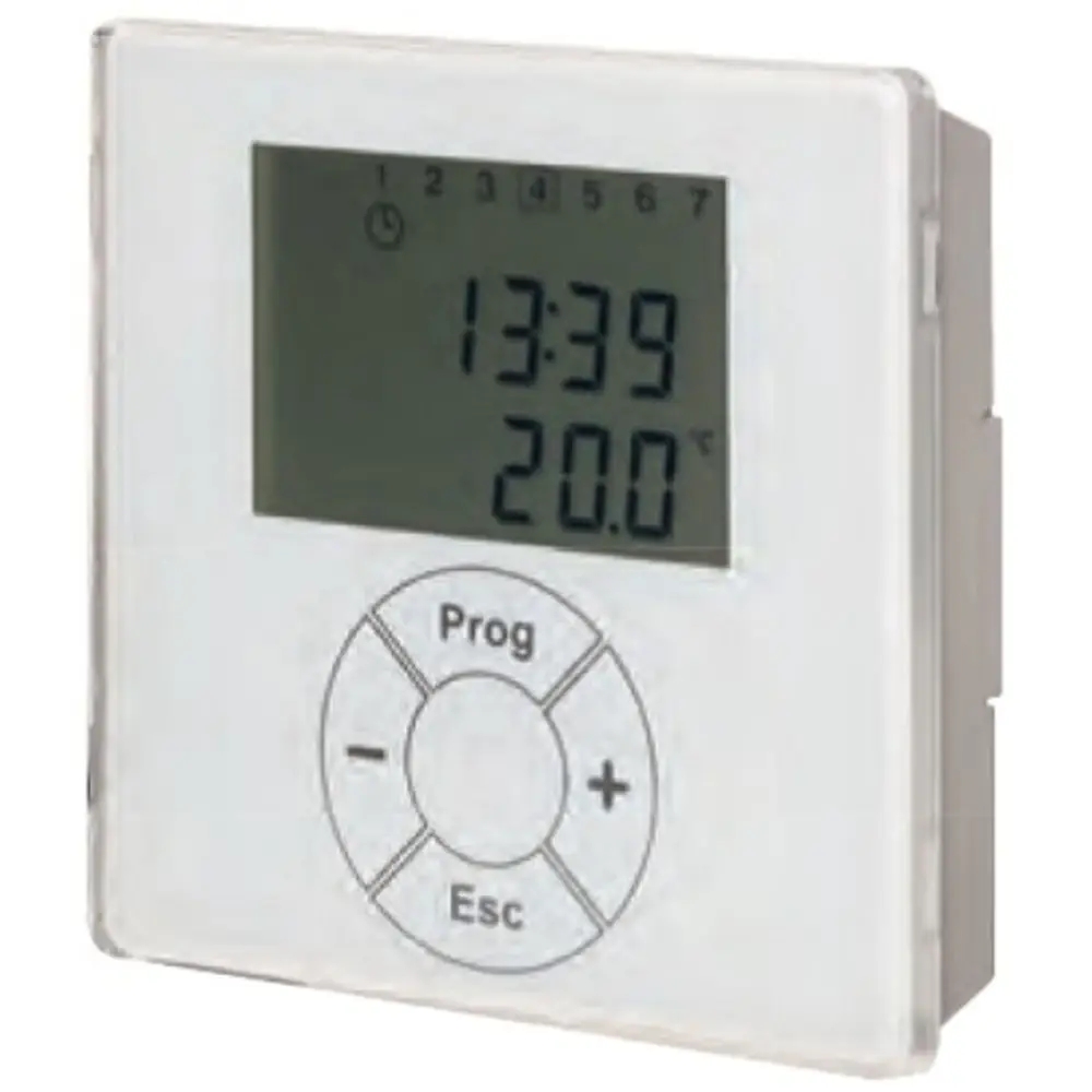 Raumthermostat von MHG mit digitaler Anzeige, aktuelle Uhrzeit und Temperatur, Programmierknöpfen, montiert an einer Wand.