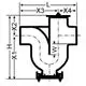 Düker-Geruchsverschluss in schematischem Design, geeignet für horizontale und vertikale Installation, mit angegebenen Maßlinien zur Orientierung.