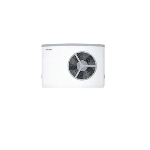 Weiße Luft/Wasser-Wärmepumpe von Stiebel Eltron mit einem großen Ventilator und einem kompakten, rechteckigen Gehäuse, montiert zur Außenanwendung.