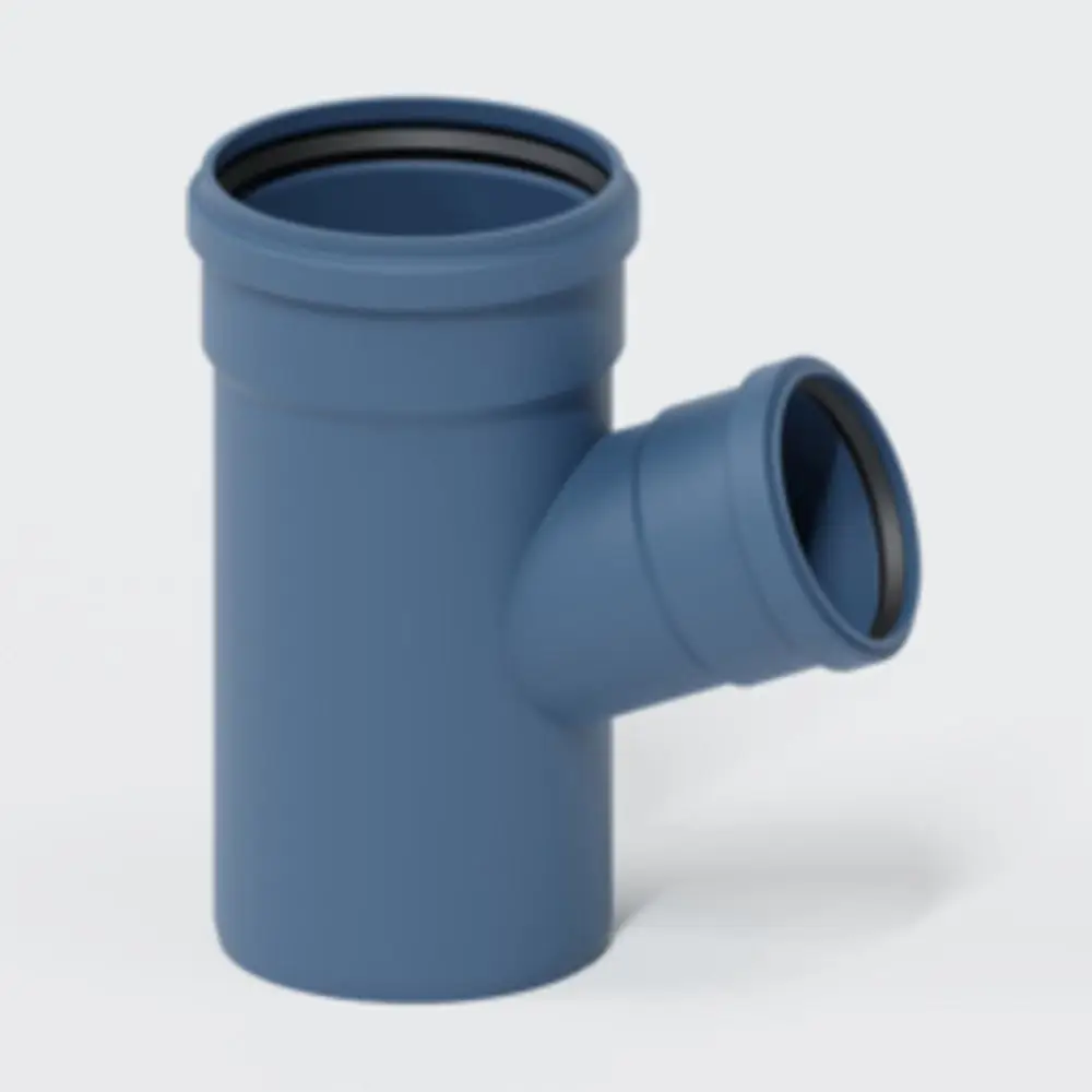 Rohrelement von Poloplast, blau, mit einem Hauptrohr und einem seitlichen Abzweig, jeweils mit Dichtungsringen, geeignet für Wasserleitungen.
