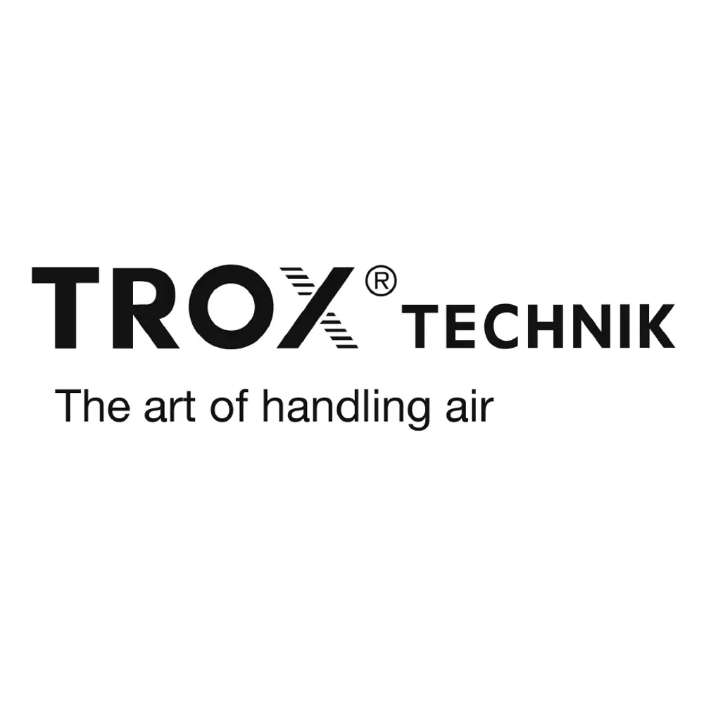 TROX Brandschutzklappe mit rechteckigem Gehäuse, montiert in einem System zur Luftregelung, sichtbar sind Verbindungselemente und Schmelzlötbereich.