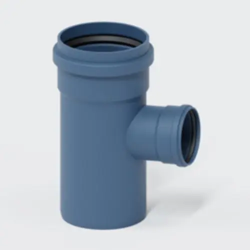 Blauer Kunststoff-Abzweig mit einem senkrechten und einem seitlichen Anschluss. Geeignet für Rohrsysteme der Marke Poloplast.