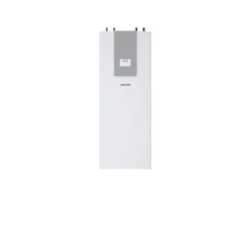 Vertikaler weißer Wärmespeicher von Stiebel Eltron mit mehreren Anschlüssen oben und einem grauen Bedienfeld in der Mitte.
