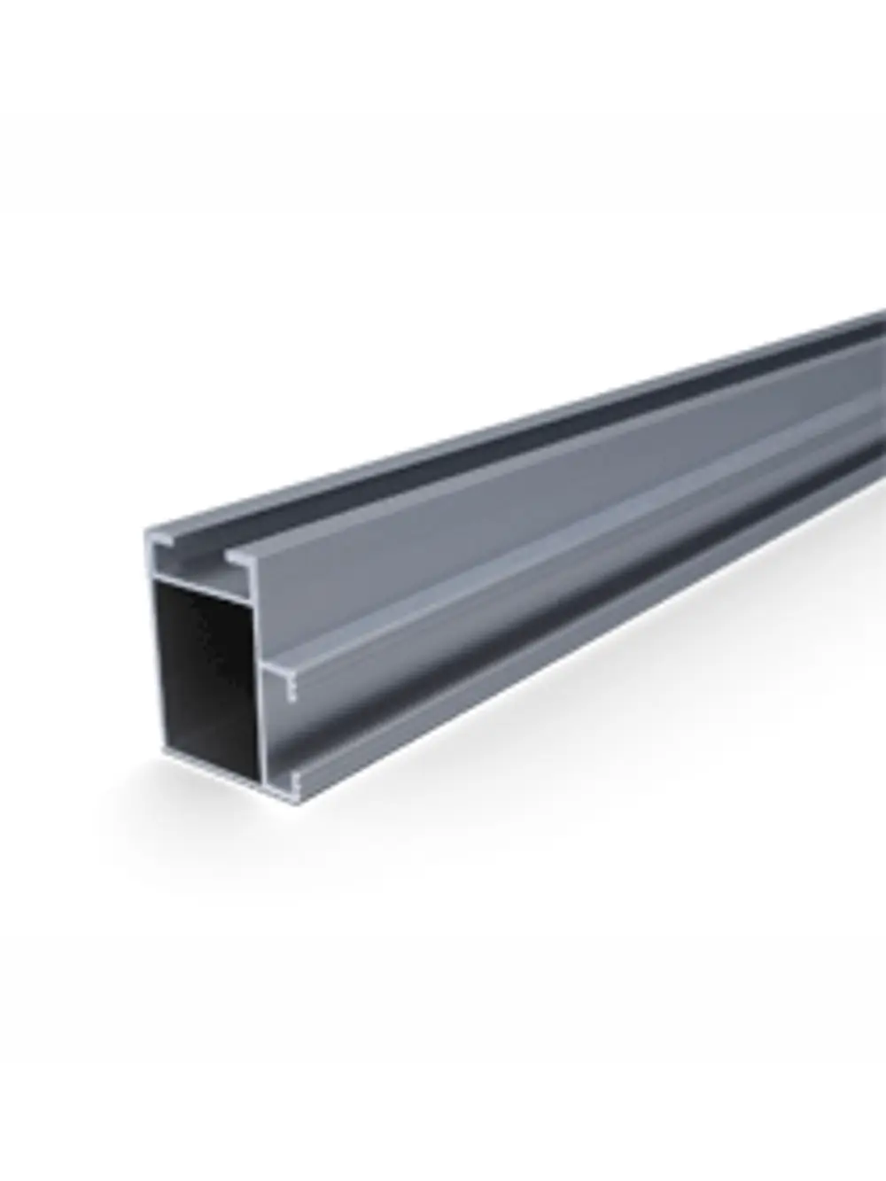 Aluminium-Montageschiene in silberner Farbe, mit einer Kastenform, geeignet für die Montage. Erzeugt von Renusol, für diverse Anwendungen im Baugewerbe.