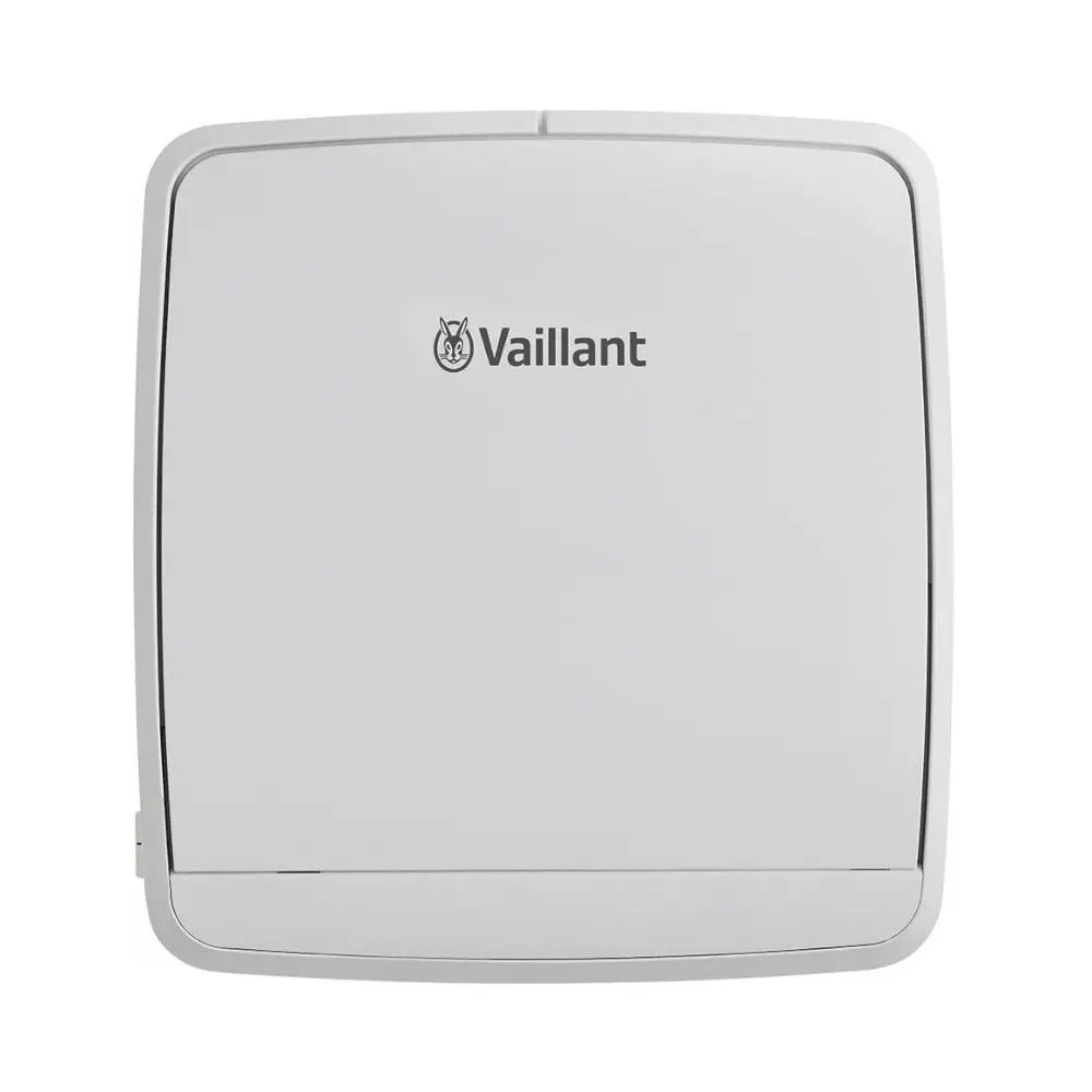 Dezentrales Lüftungsgerät in schlichter weißer Ausführung mit einem Vaillant-Logo auf der Vorderseite. Das Gerät hat abgerundete Kanten und eine glatte Oberfläche.